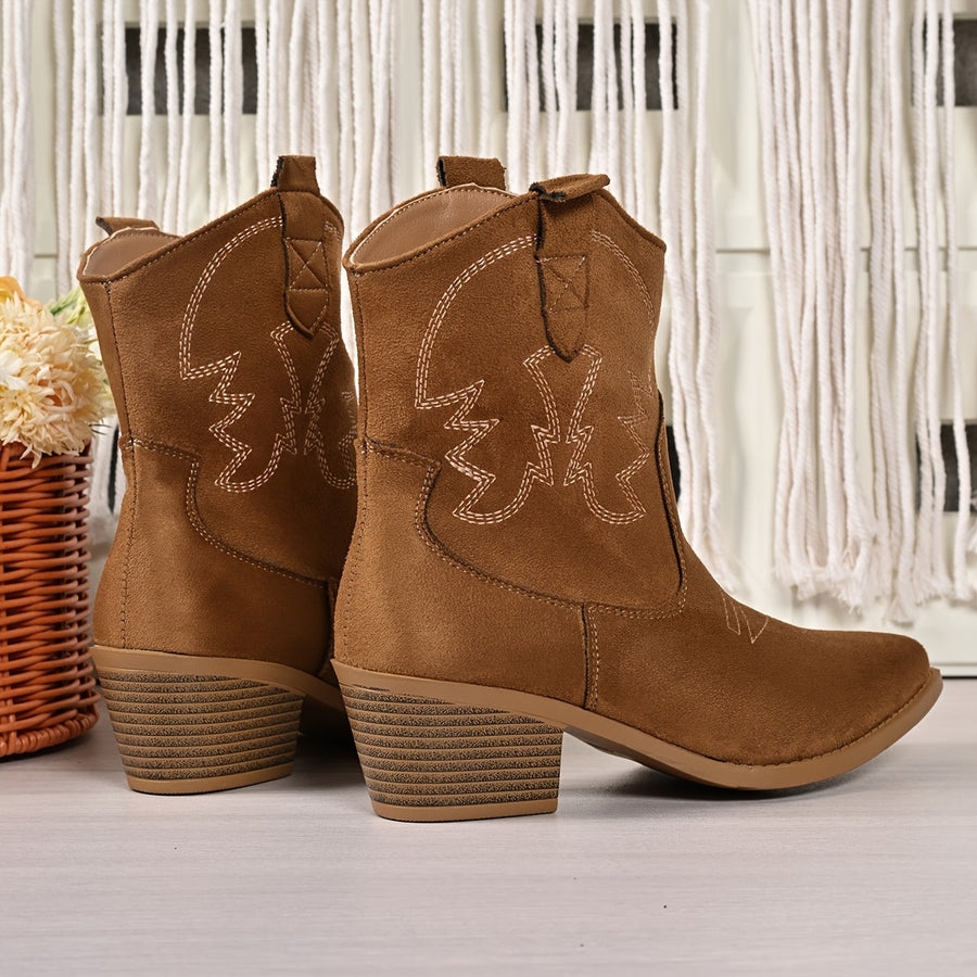 Bottes Western Femme à Talon Carré et Broderies Style Cowboy
