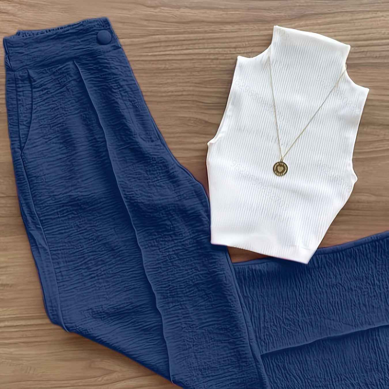 Ensemble élégant femme – Débardeur sans manches et pantalon taille haute – Idéal printemps/été
