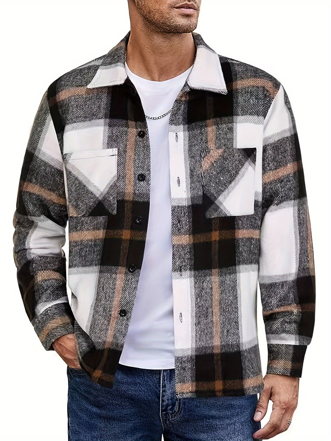 Chemise à carreaux homme coupe décontractée avec poches boutonnées marron clair et blanc