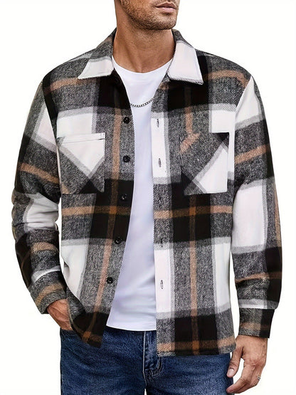 Chemise à carreaux homme coupe décontractée avec poches boutonnées marron clair et blanc