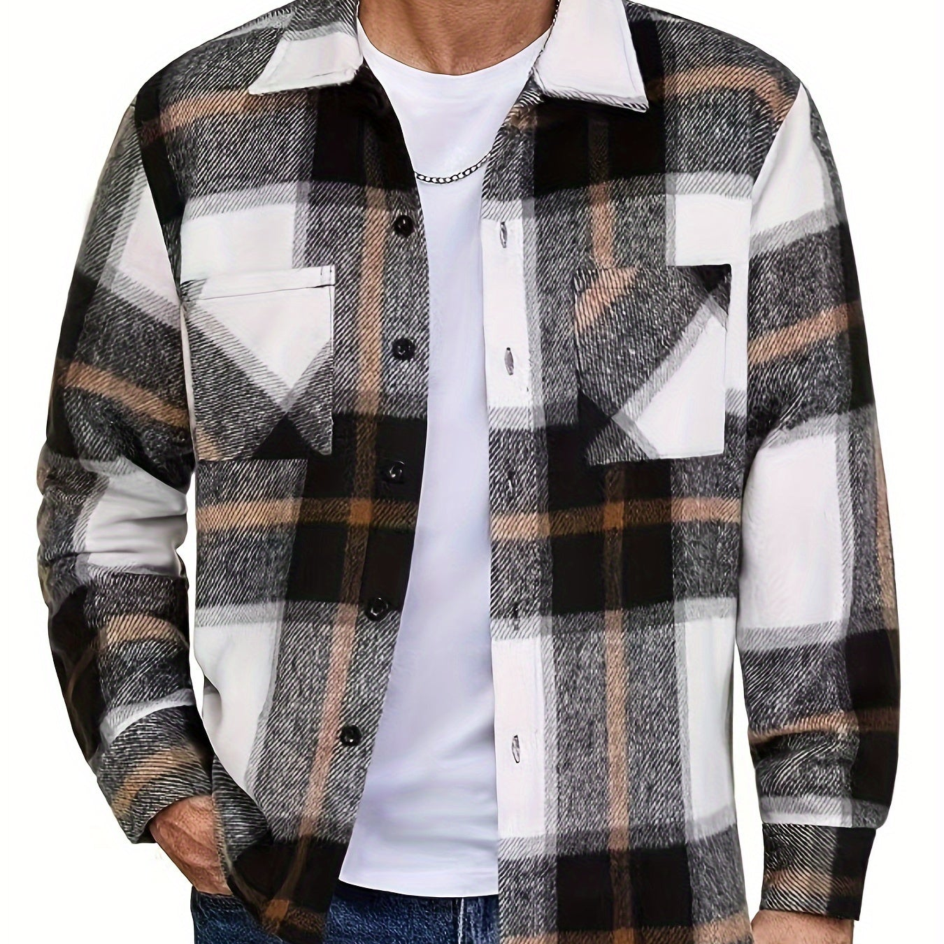 Chemise à carreaux homme coupe décontractée avec poches boutonnées marron clair et blanc