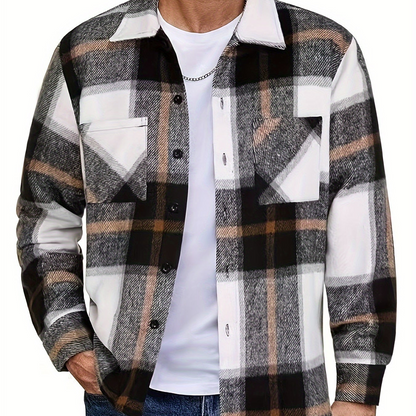 Chemise à carreaux homme coupe décontractée avec poches boutonnées marron clair et blanc