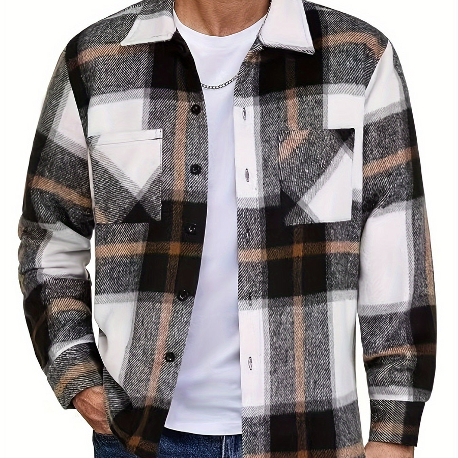 Men's relaxed-fit plaid shirt with light brown and white buttoned pockets