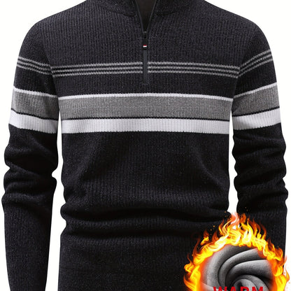 Pull Homme Col Montant Zippé Rayures Horizontales Beige Chaud