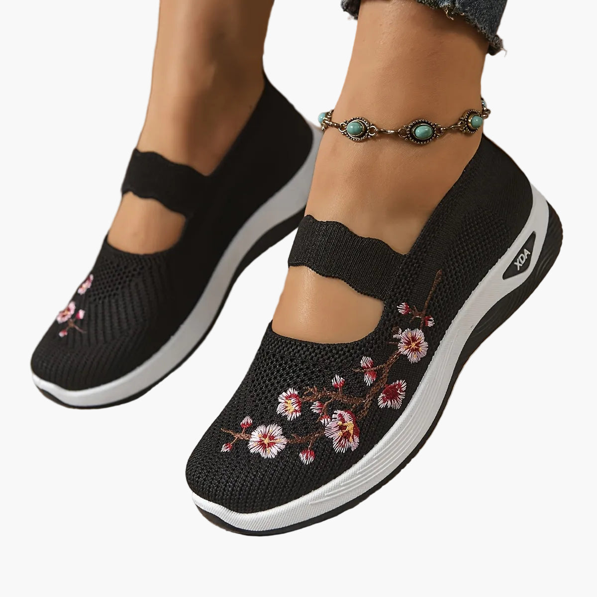 Chaussures décontractées femme confort avec broderie florale et bride élastique – Style marche et loisirs