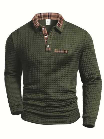 Polo homme à manches longues texturé motif gaufré avec col et poche à carreaux
