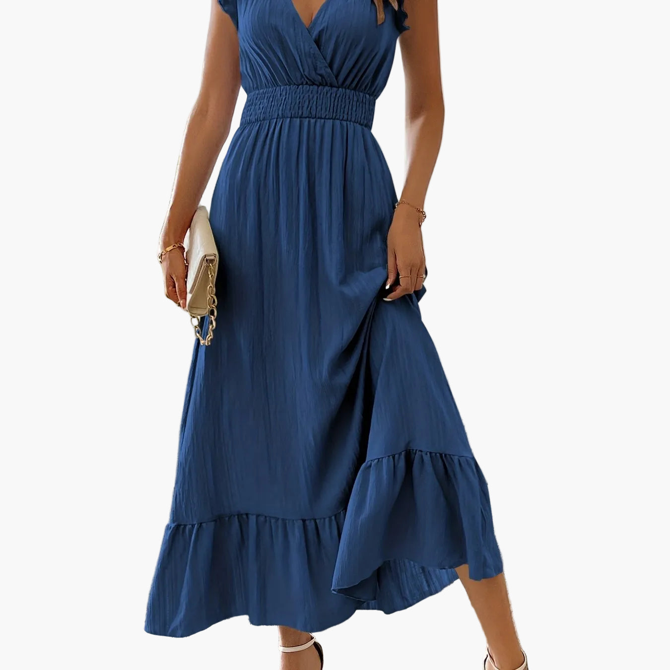 Abito lungo elegante da donna stile vacanze con maniche volant e vita arricciata