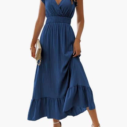 Abito lungo elegante da donna stile vacanze con maniche volant e vita arricciata