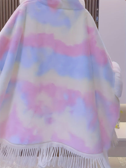Cape à capuche arc-en-ciel en fausse fourrure douce avec franges et bordure pelucheuse