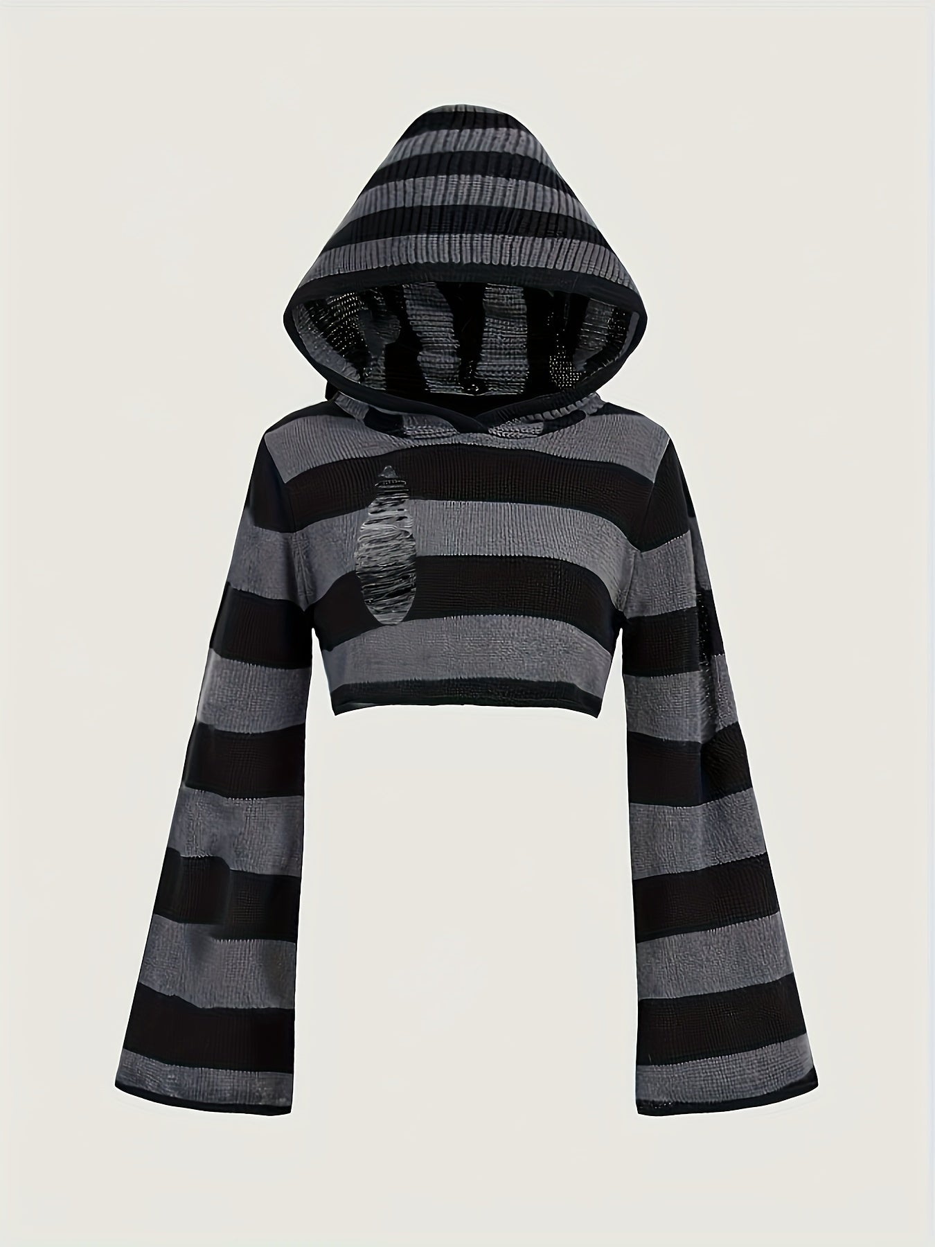 Haut court à capuche rayé noir et gris manches évasées