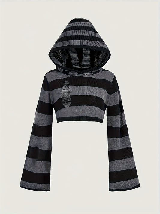 Haut court à capuche rayé noir et gris manches évasées