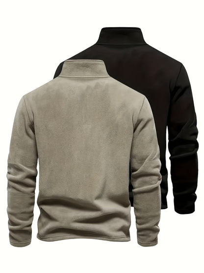 Pulls Homme Col Montant Zippé Polaire Coupe Droite Bicolore Beige Kaki et Noir Imprimé Graphique