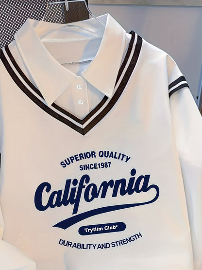 Sweat-shirt Blanc à Col Chemise Intégré et Motif California