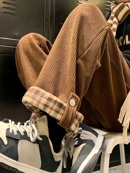 Pantalon large velours côtelé marron coupe décontractée carreaux revers
