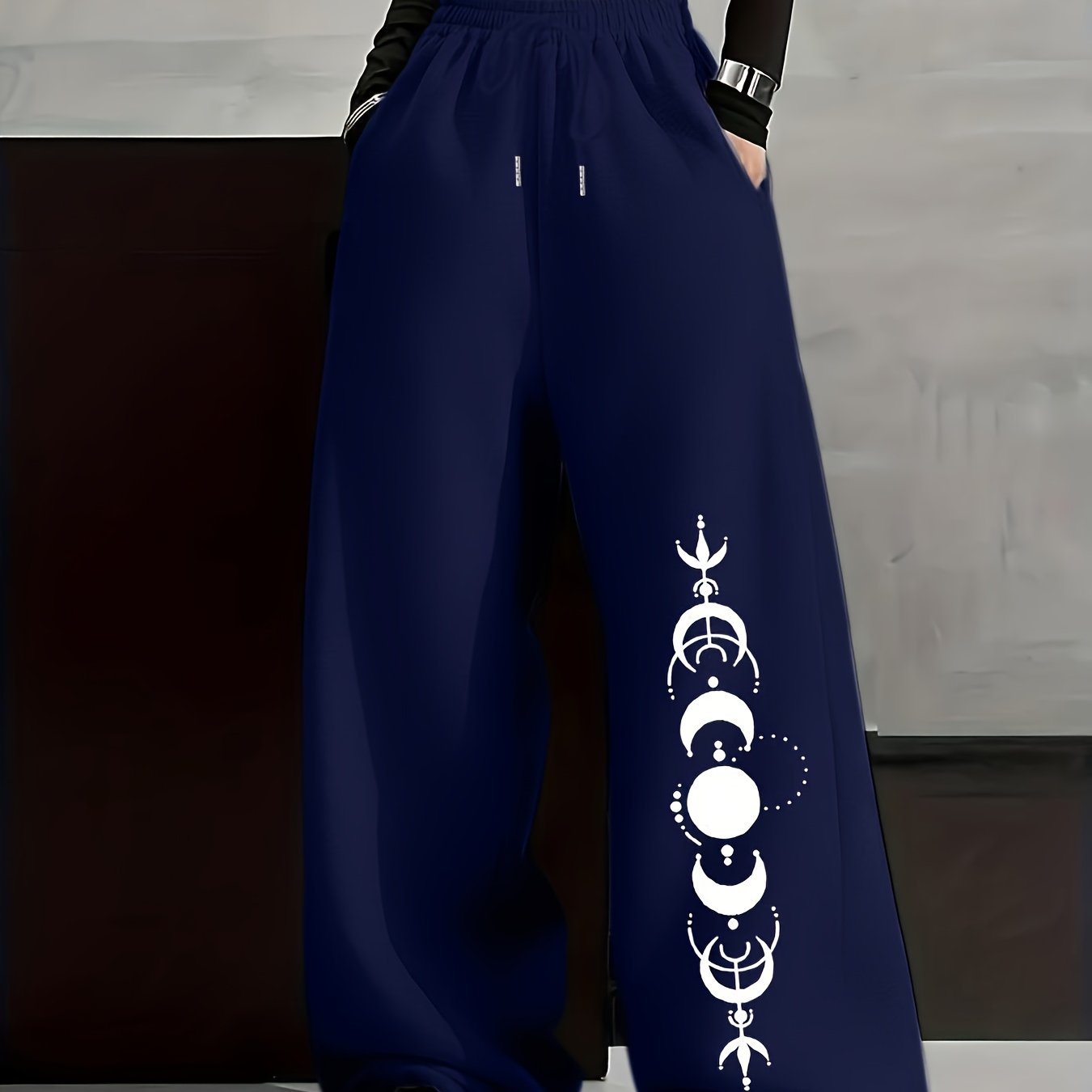 Pantalon large décontracté Femme avec imprimé phases de lune, taille élastiquée et poches