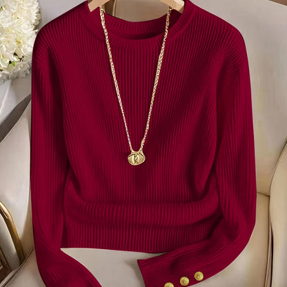 Pull femme marron côtelé col rond manches longues à boutons dorés