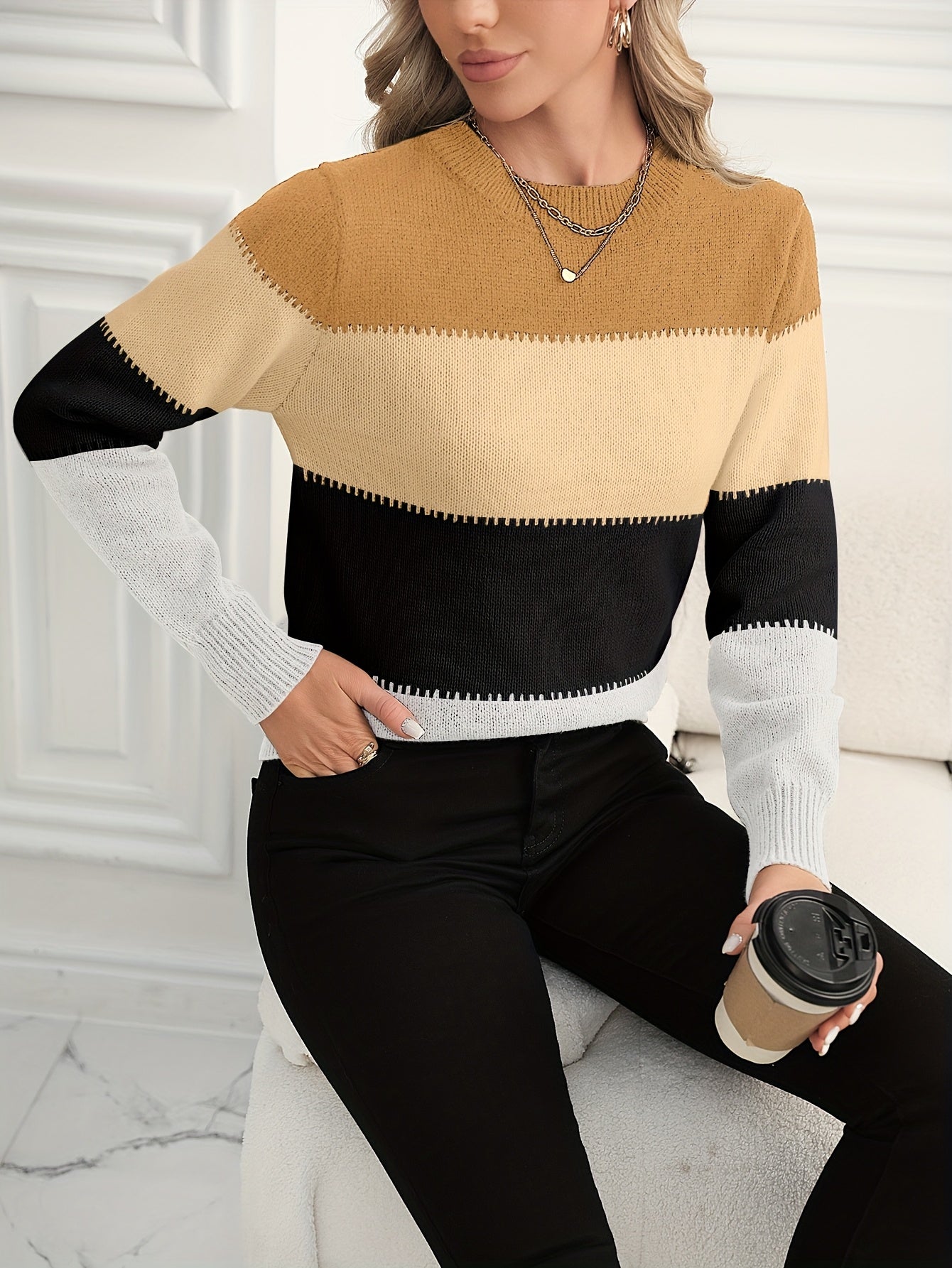 Pull rayé color block col rond tricoté pour femme
