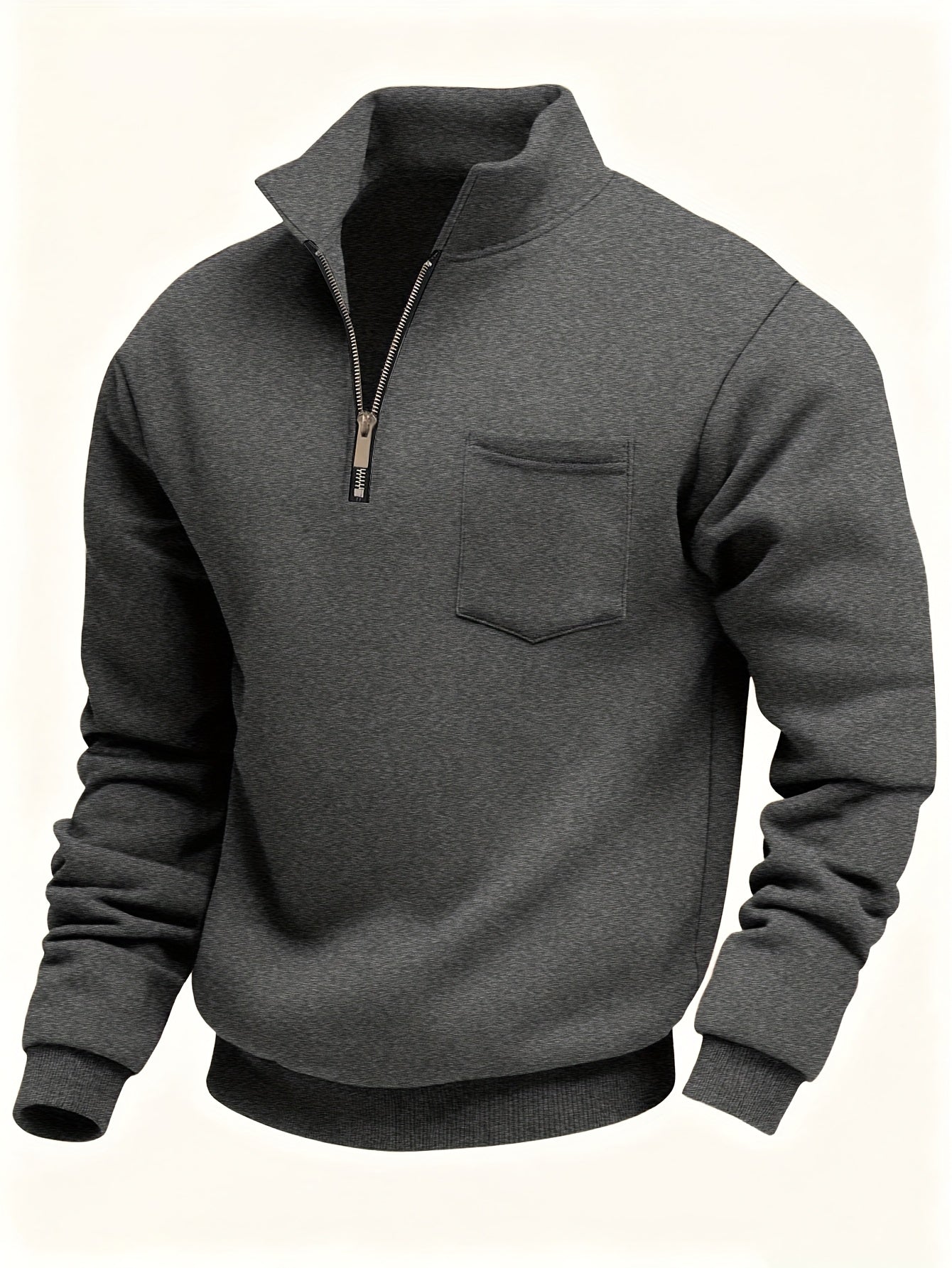 Sweat-shirt Homme Col Montant Zippé avec Poche Poitrine Couleur Unie