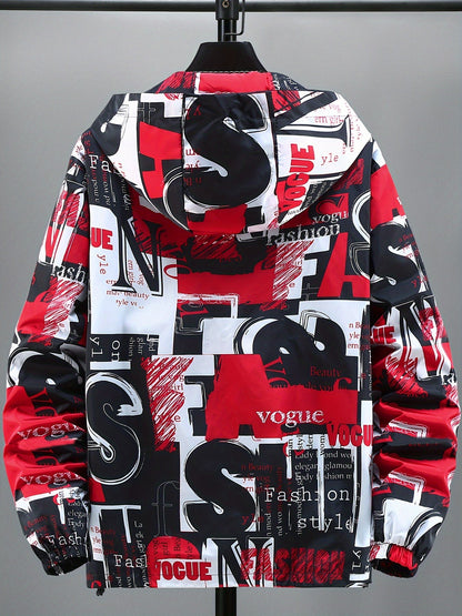 Blouson à Capuche Imprimé Graffiti Homme - Rouge, Noir et Blanc