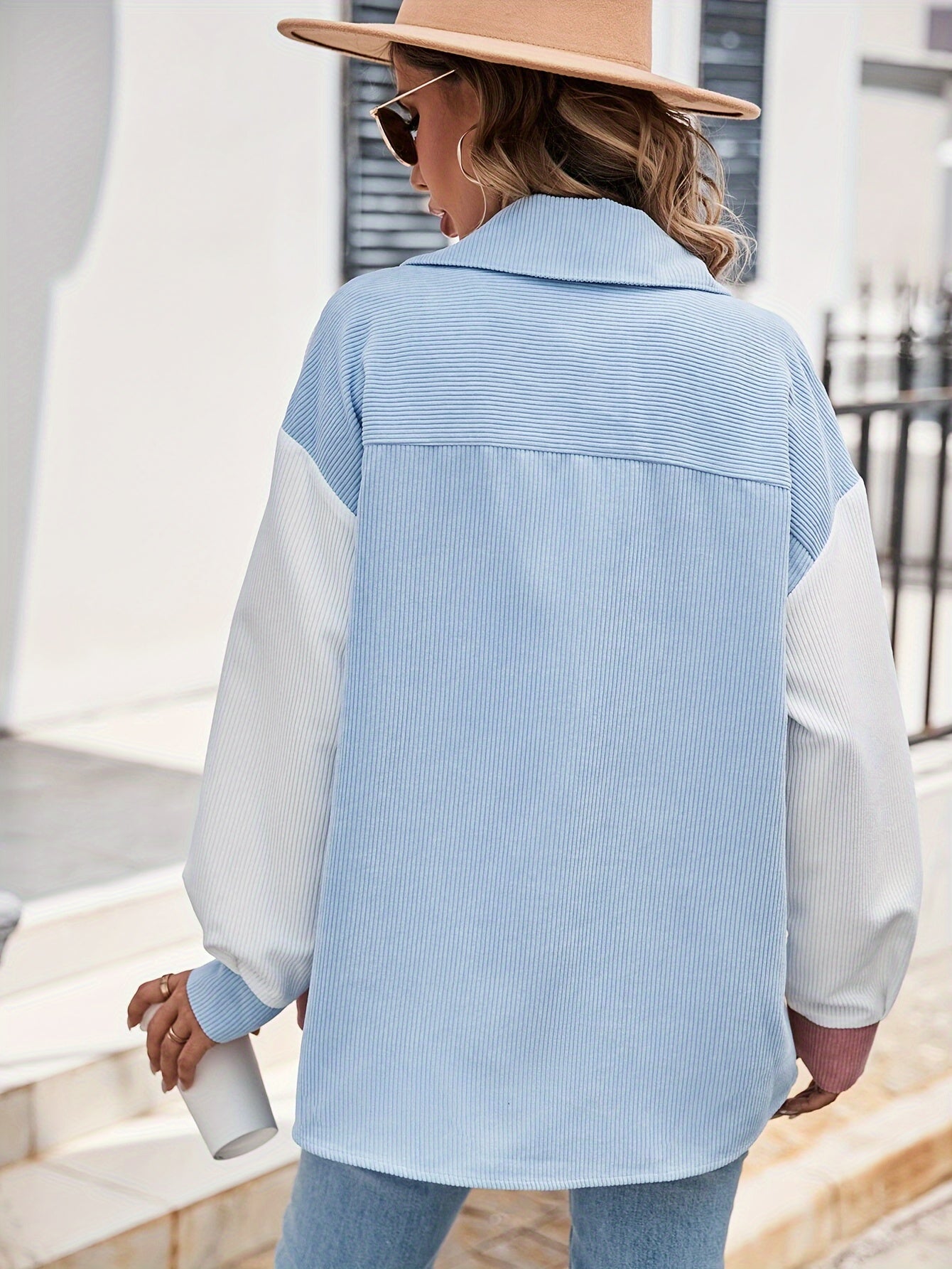 Veste Chemise Femme Blocs de Couleurs Velours Côtelé Boutons Col Chemise Manches Longues