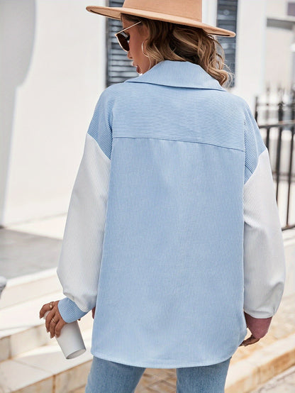 Veste Chemise Femme Blocs de Couleurs Velours Côtelé Boutons Col Chemise Manches Longues