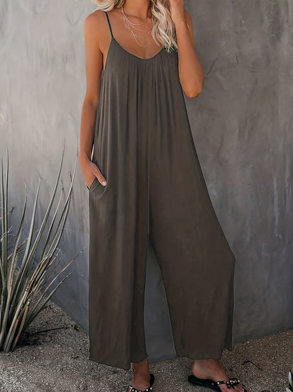 Mono holgado casual para mujer estilo verano con tirantes finos y bolsillos – Look chic y cómodo para vacaciones o ciudad