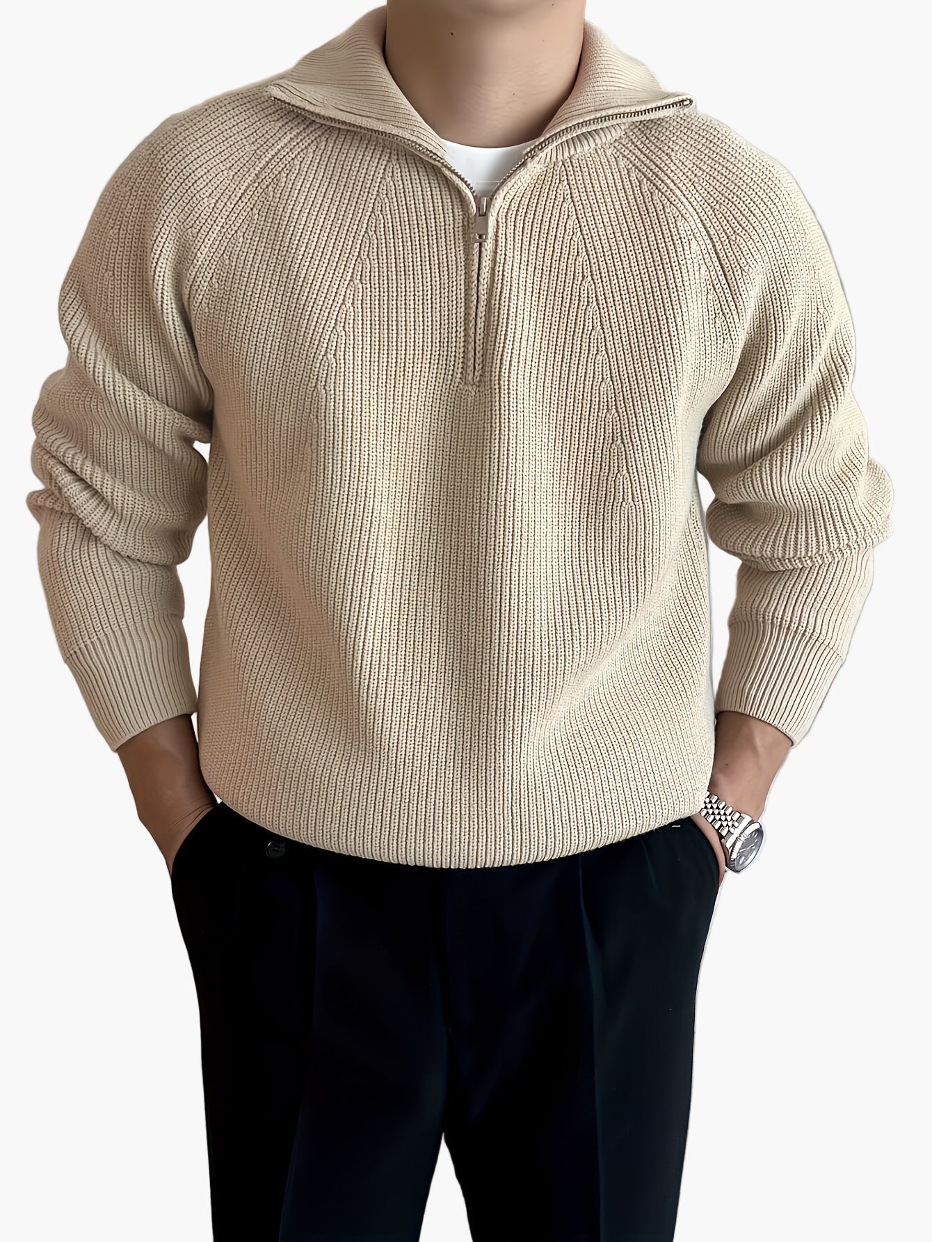 Męski sweter casual z zamkiem i nowoczesnym kołnierzem na jesień/zimę