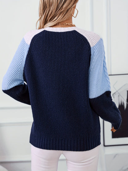 Pull en maille tressée multicolore col rond Femme
