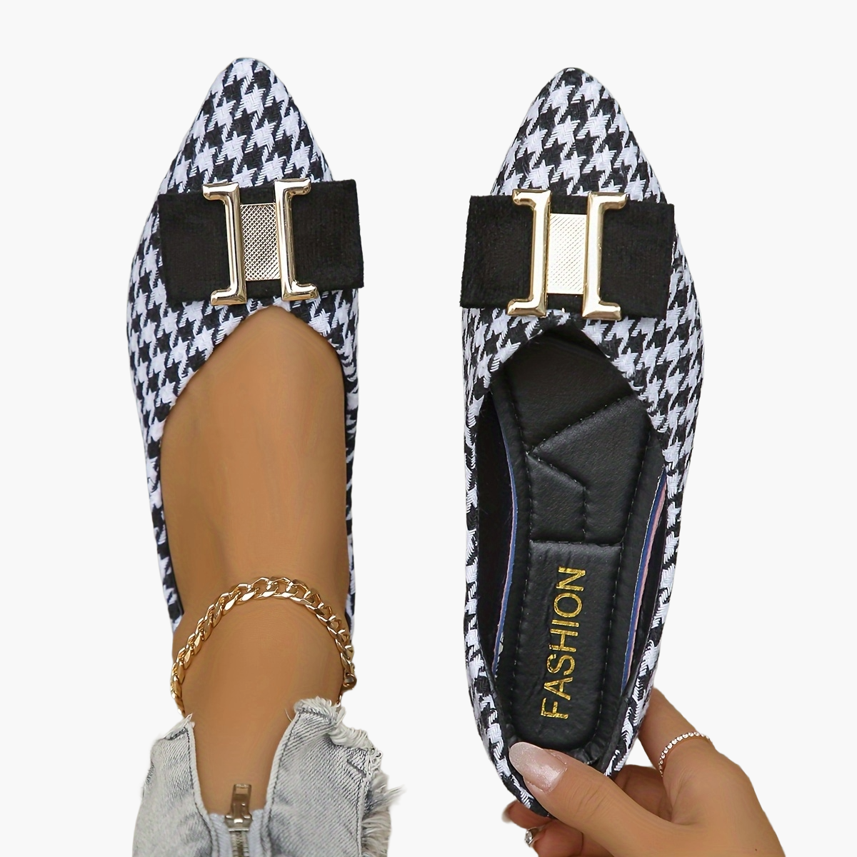 Ballerine donna con motivo pied-de-poule chic ed eleganti per tutti i giorni