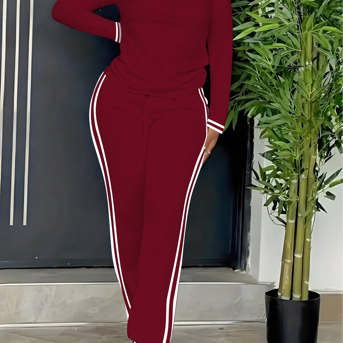 Ensemble Sport Décontracté Femme Manches Longues et Pantalon Rayures Latérales