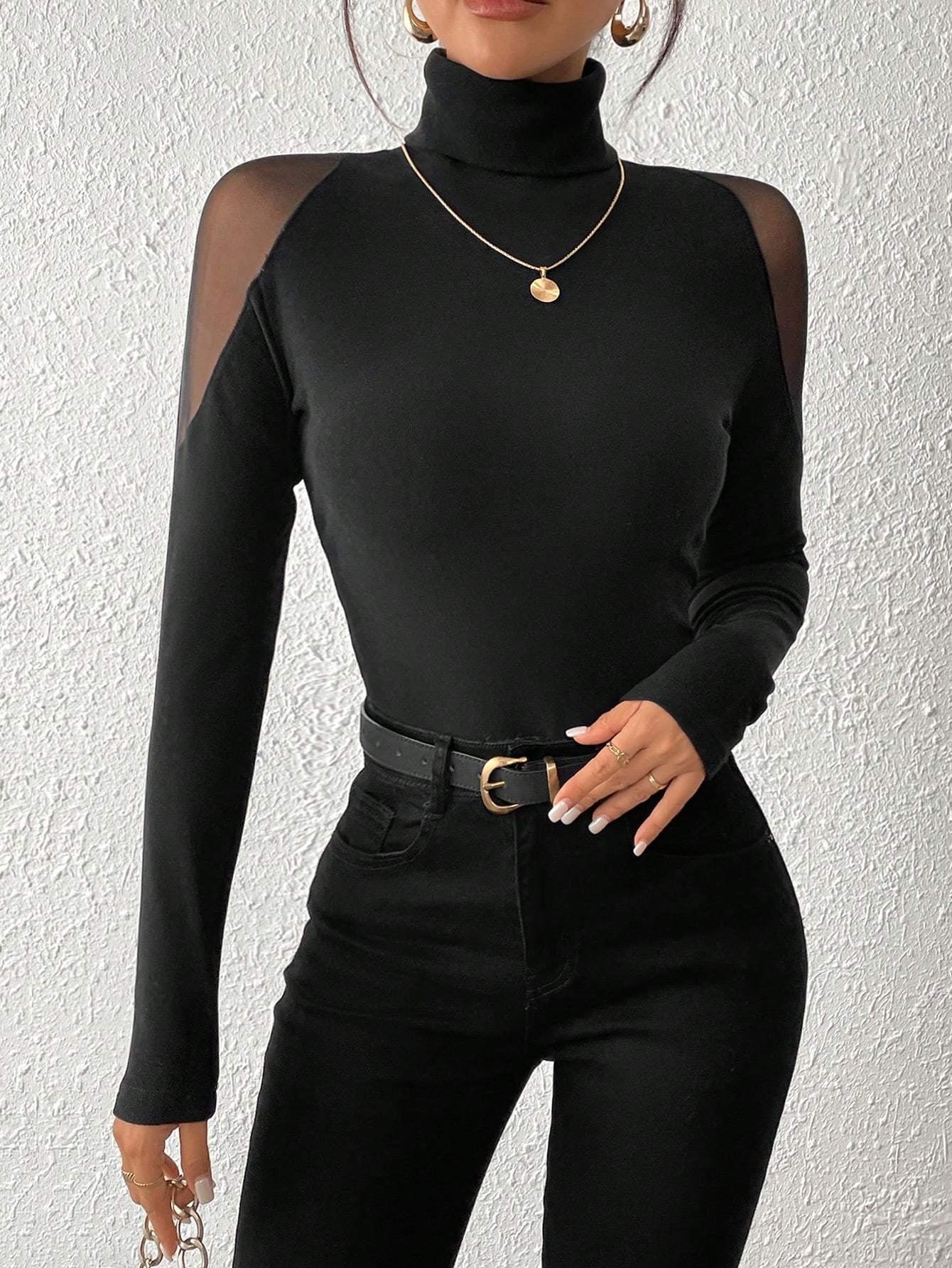 Haut moulant femme col roulé noir manches longues transparentes épaules