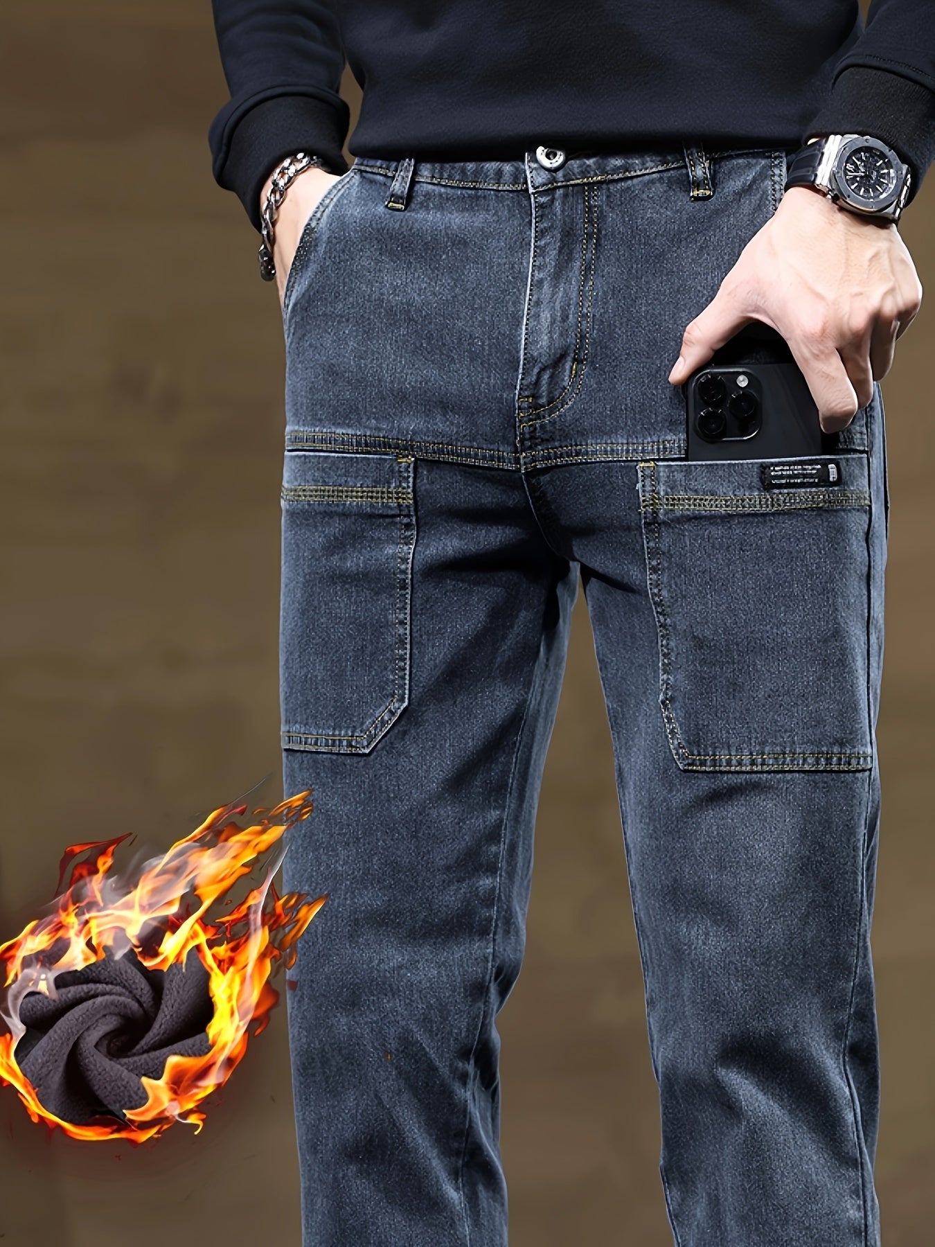 Jean Cargo Homme Hiver Doublé Polaire Coupe Droite Poches Multiples Couleur Unie