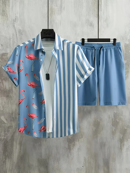 Completo casual uomo stile vacanze, motivo fenicotteri rosa e righe, ideale per estate e tempo libero