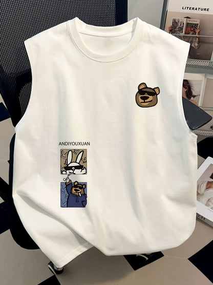 Uniseks mouwloos shirt in streetwearstijl met grappige dierenprints – Trendy stedelijke mode