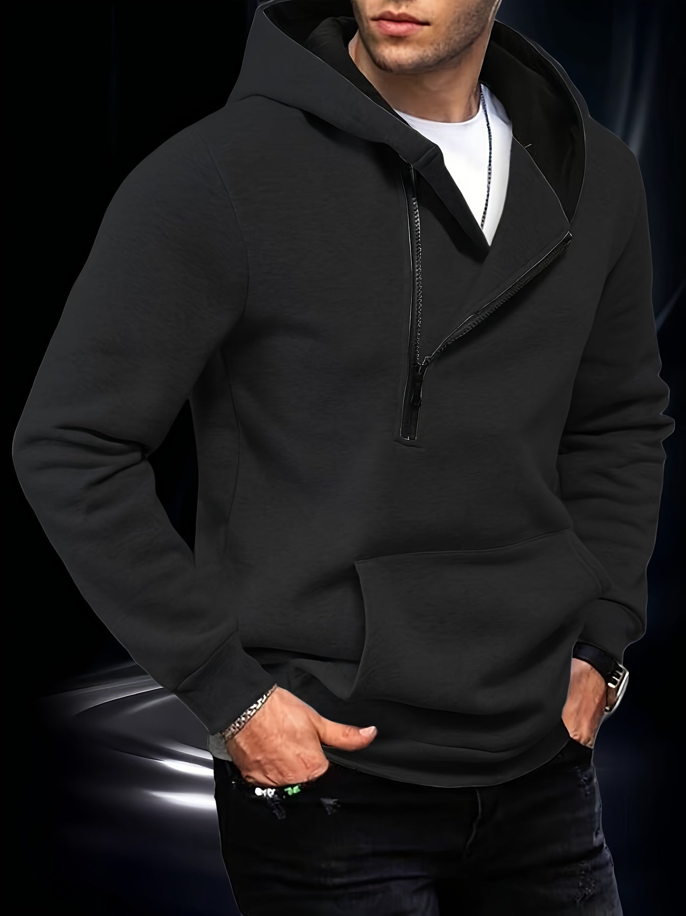 Sweat à Capuche Homme Zippé Asymétrique Couleur Unie avec Poche Kangourou