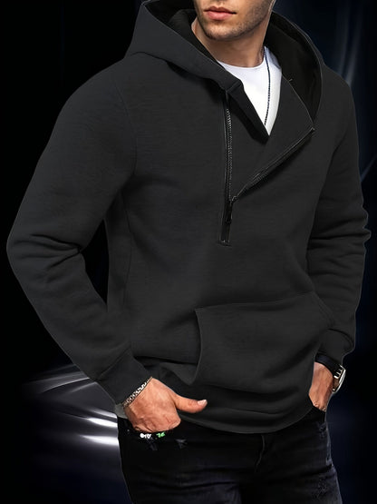 Sweat à Capuche Homme Zippé Asymétrique Couleur Unie avec Poche Kangourou
