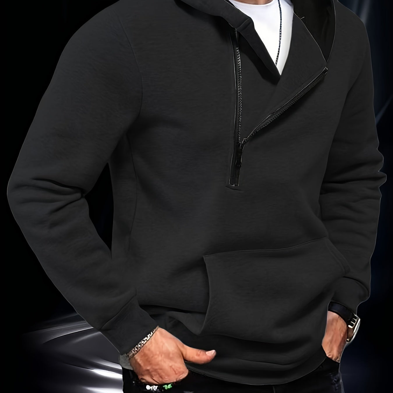 Sweat à Capuche Homme Zippé Asymétrique Couleur Unie avec Poche Kangourou