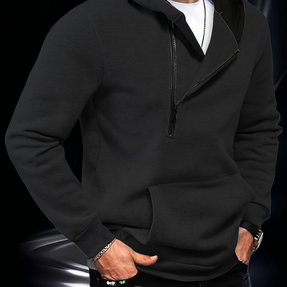 Sweat à Capuche Homme Zippé Asymétrique Couleur Unie avec Poche Kangourou