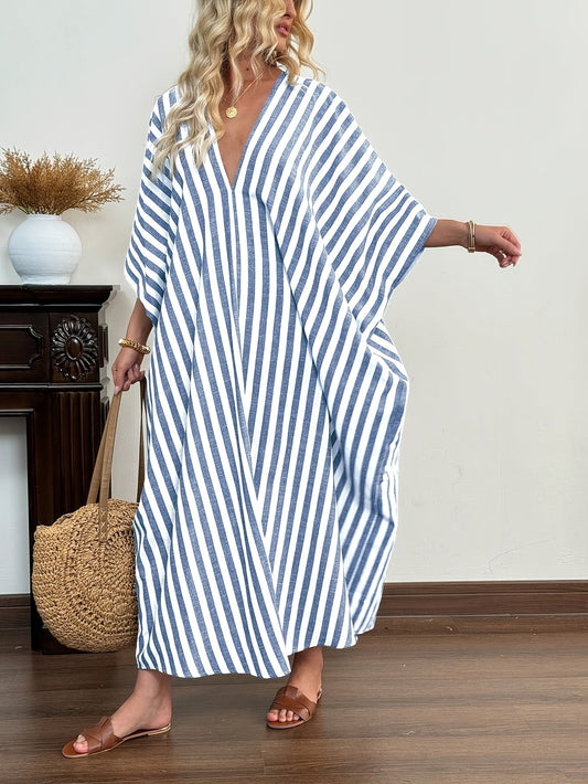 Robe Caftan Longue Femme Style Resort Élégant à Rayures pour Vacances et Plage