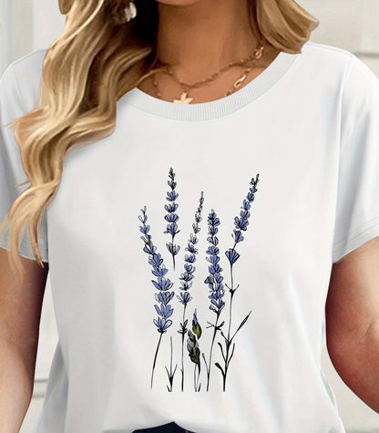 Dames T-shirt Casual Stijl met Wildbloemenpatroon Botanische Illustratie
