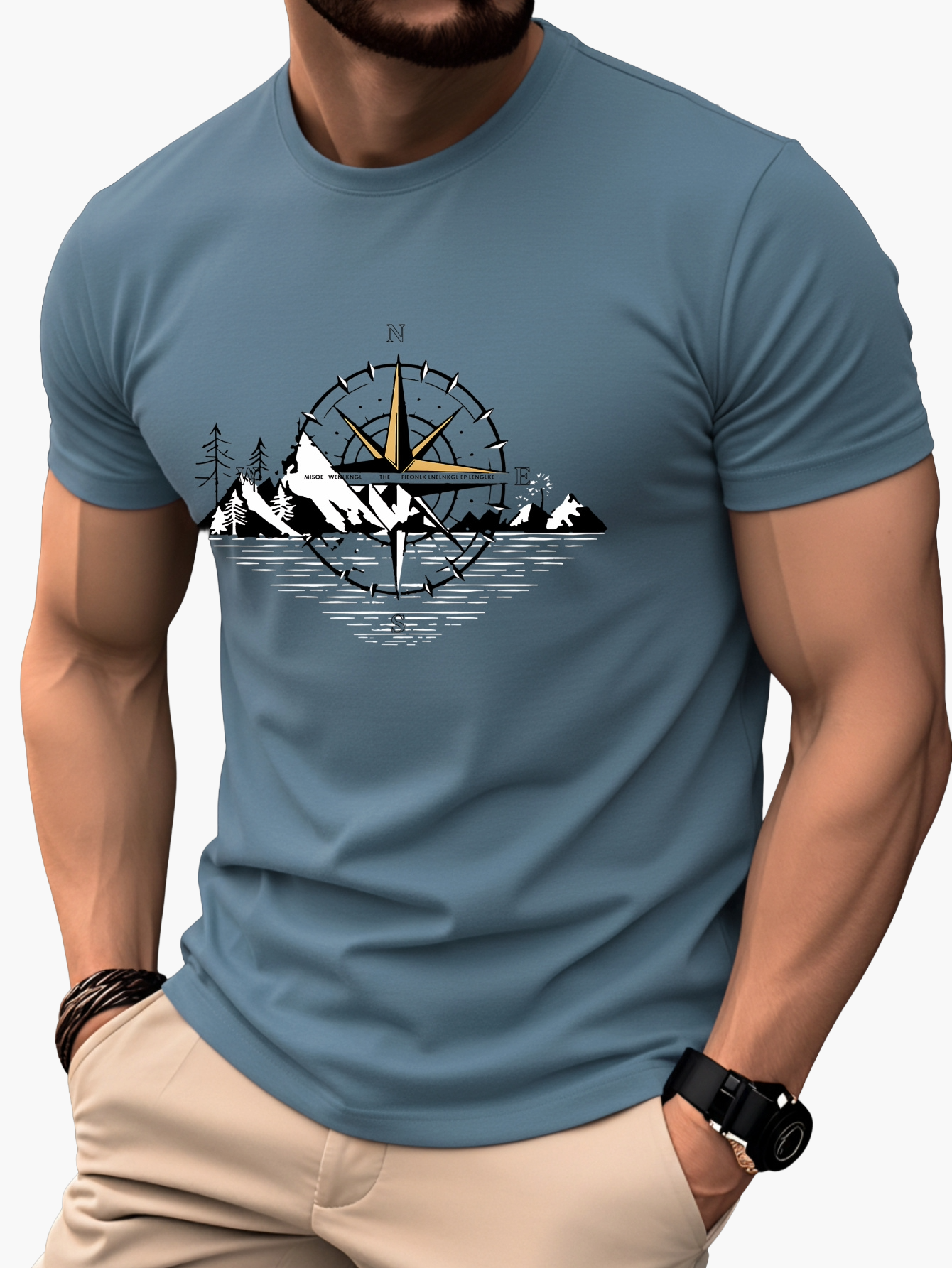T-shirt Homme Style Aventure Montagne Boussole Graphique – Casual et Voyage