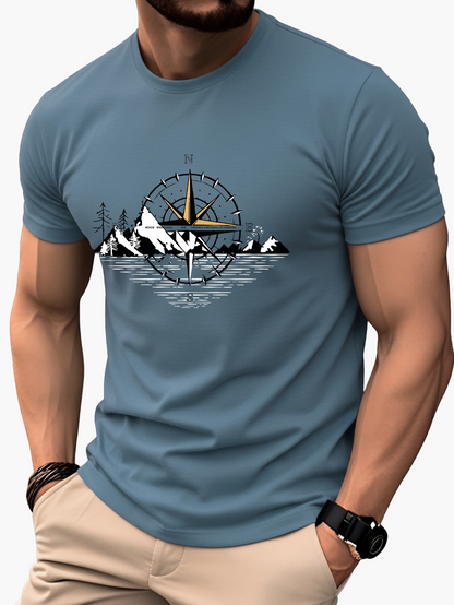 T-shirt Homme Style Aventure Montagne Boussole Graphique – Casual et Voyage