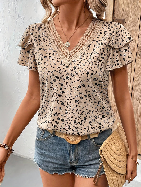Elegant blus för dam med blommönster och volangärmar – Avslappnad chic stil för vår och sommar