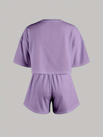 Pyjama d'intérieur décontracté pour femme avec imprimé cœurs bleus – Ensemble short et t-shirt, style cosy pour la maison