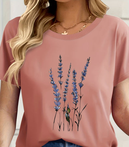 Dames T-shirt Casual Stijl met Wildbloemenpatroon Botanische Illustratie