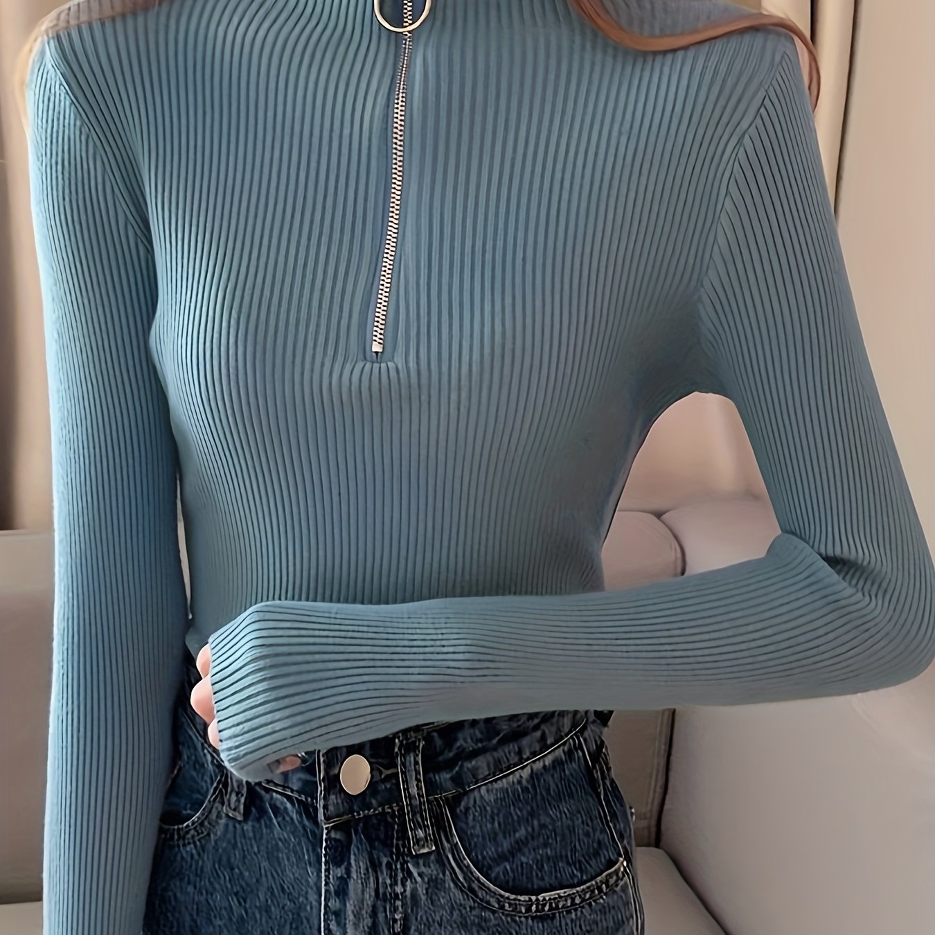 Women's Ribbed Half-Zip Mock Neck Fitted Sweater
