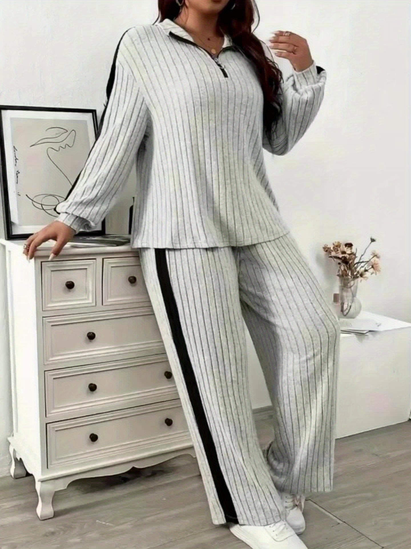Ensemble côtelé Femme col zippé rayures latérales contrastantes