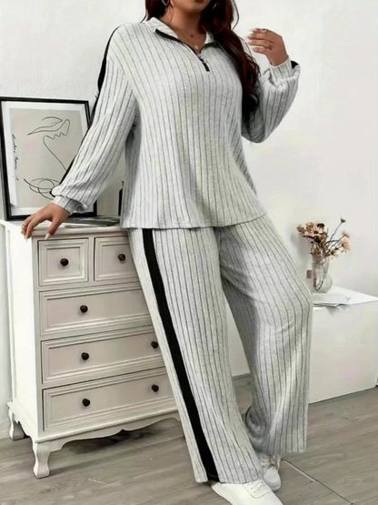 Ensemble côtelé Femme col zippé rayures latérales contrastantes