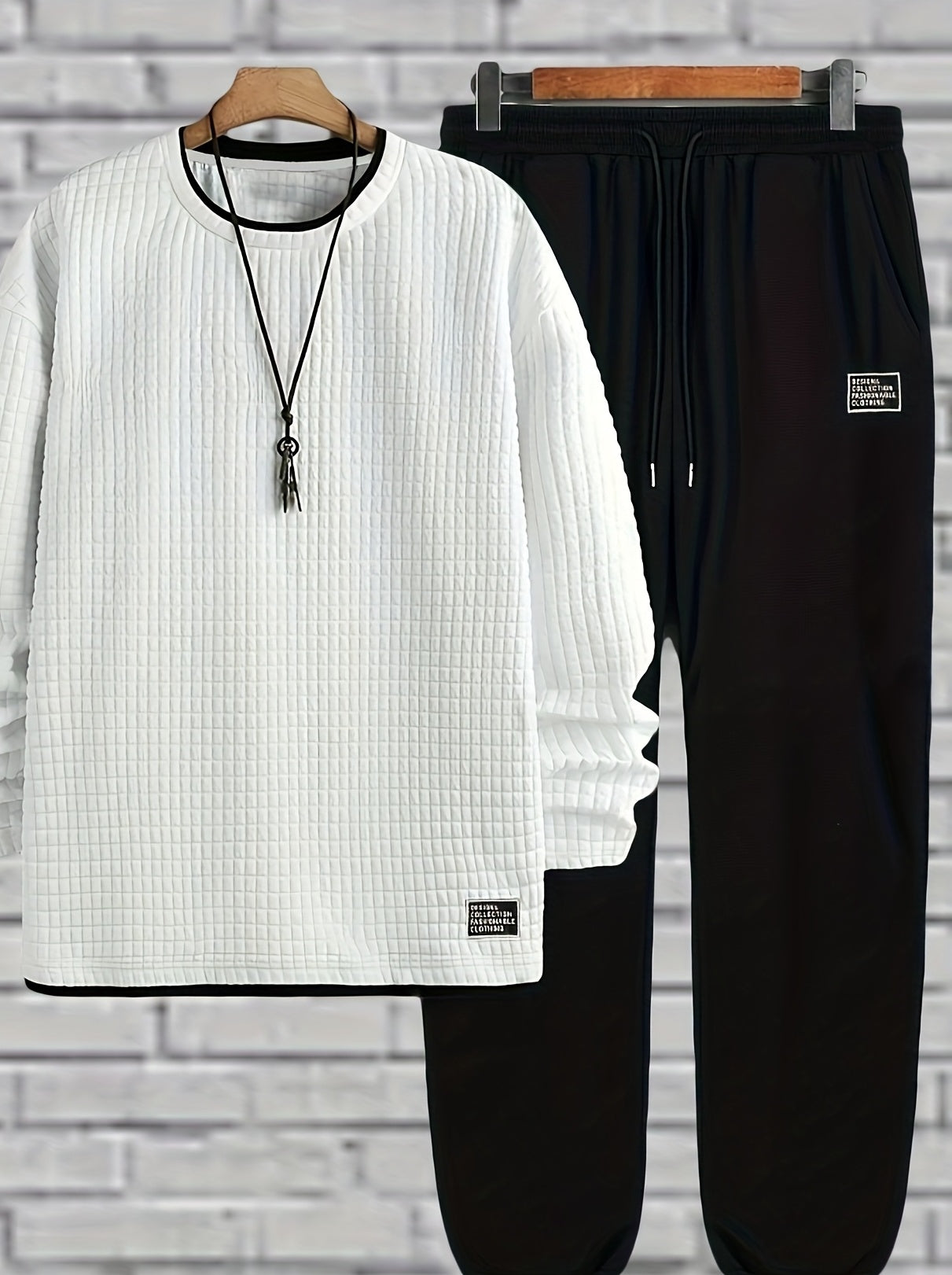 Ensemble Homme Pull Col Rond Texturé Blanc et Pantalon de Jogging Noir