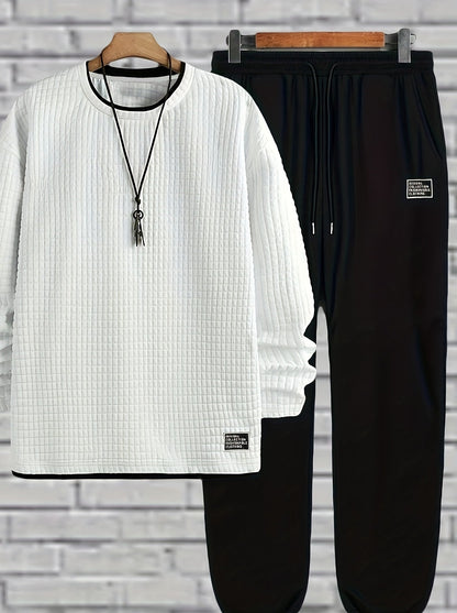 Ensemble Homme Pull Col Rond Texturé Blanc et Pantalon de Jogging Noir